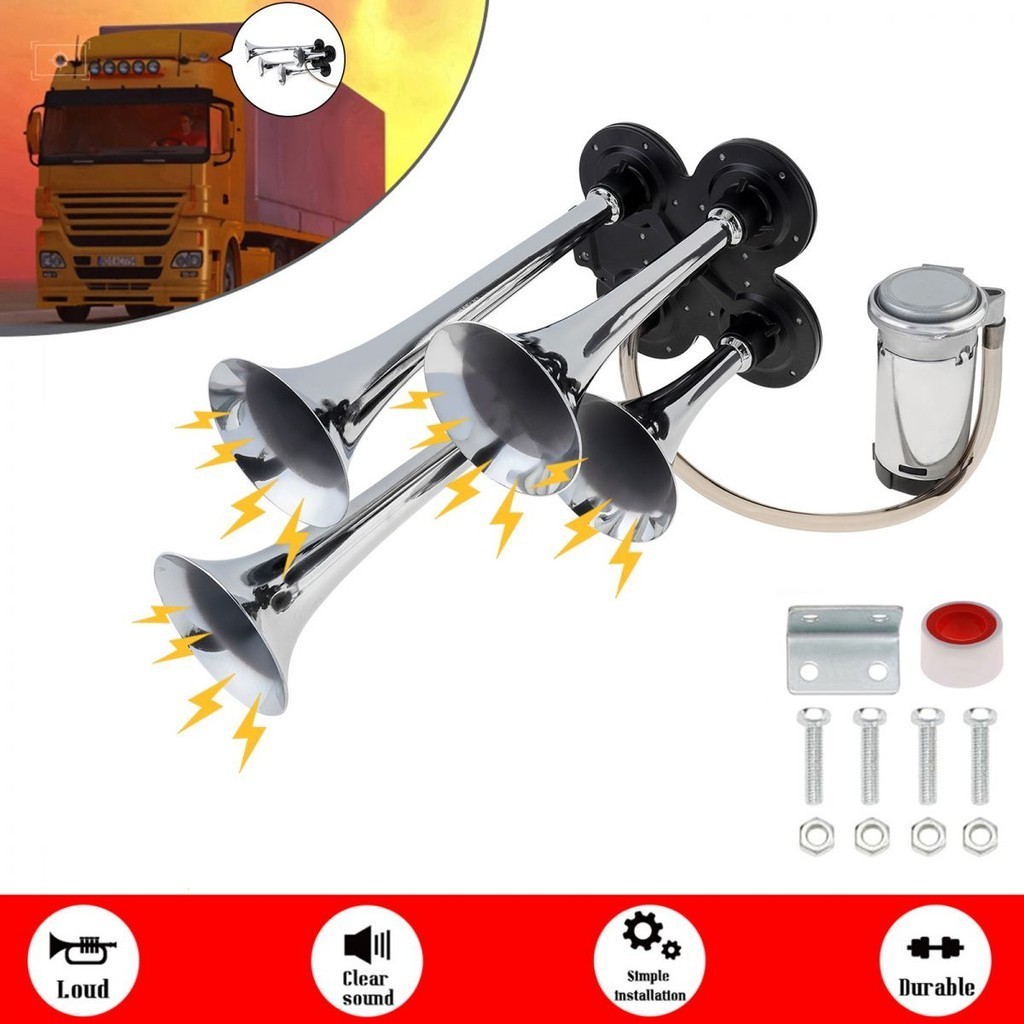 12V 185db Super Loud 4 แตรอากาศทรัมเป็ตสีเงิน / สีดําพร้อมคอมเพรสเซอร์สําหรับรถยนต์รถบรรทุกคาร์ทรถจั