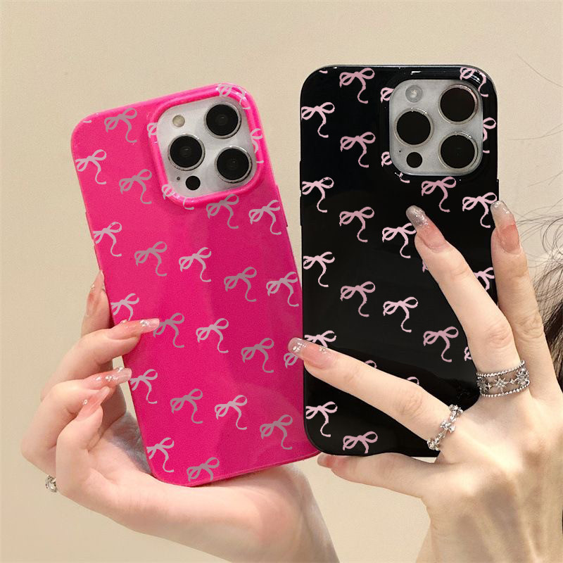 Rose Pink Bowknot Soft Case ใช้งานร่วมกับสําหรับ IPhone 16 15 14 12 13 11 Pro XS Max XR X 8 7 Plus ปลอก TPU กันกระแทกฝาครอบโทรศัพท์สีดํา