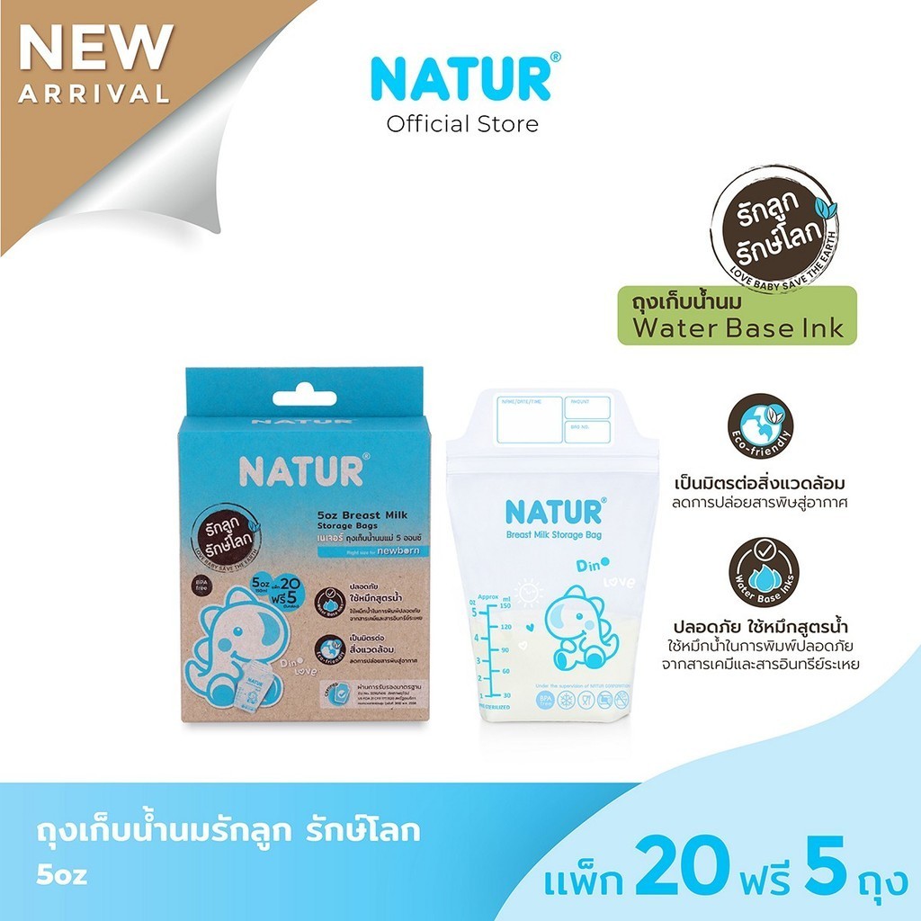 [ซื้อ2ชิ้นลด10 ซื้อ 4ชิ้น ลด15%] NATUR ถุงเก็บน้ำนม รักลูก รักษ์โลก 5oz แพ็ก 20 ฟรี 5