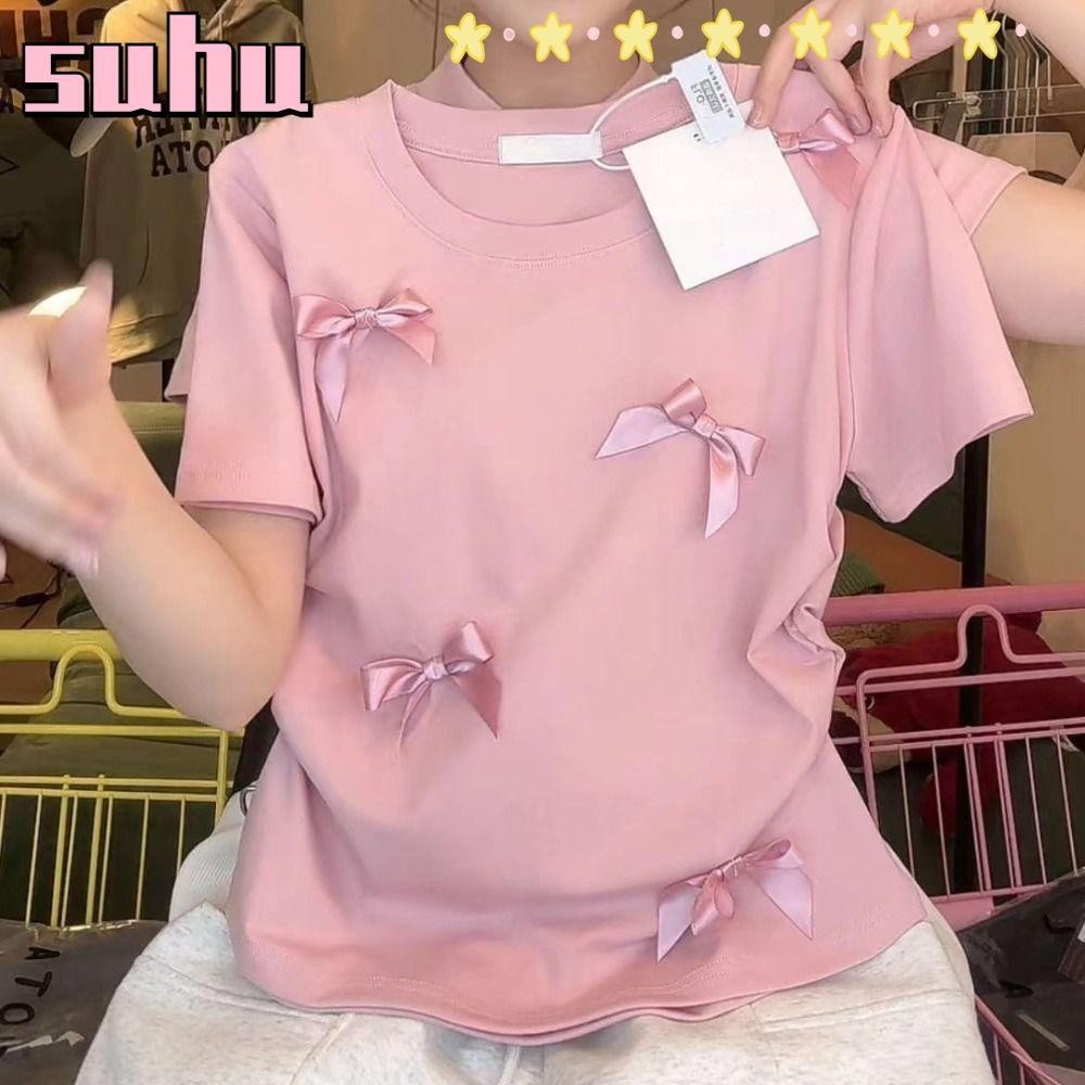 Suhuhd Bowknot T เสื้อ,บัลเล่ต์ผู้หญิงสไตล์ญี่ปุ่นด้านบน,แขนสั้นหรูหราสีทึบรอบคอริบบิ้น Crop Tank Top ผู้หญิงสาว