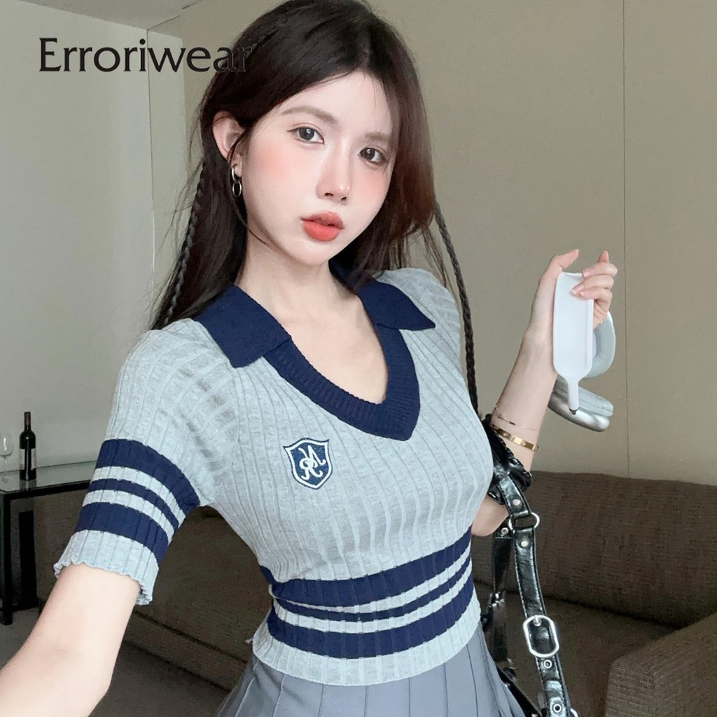 Erroriwear ผู้หญิงเสื้อโปโล 2024 แฟชั่น Cintrast สี V คอ Casual Slim Fit แขนสั้น Top