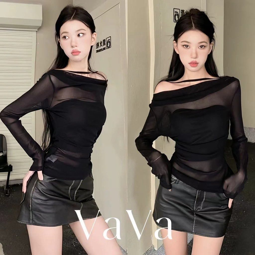 VaVa จัดส่งจากประเทศไทย เสื้อยืดตาข่ายแขนยาวไหล่เดียวเซ็กซี่แขนยาวสไตล์ฝรั่งเศสสำหรับผู้หญิง（มาพร้อมชุดซับใน）