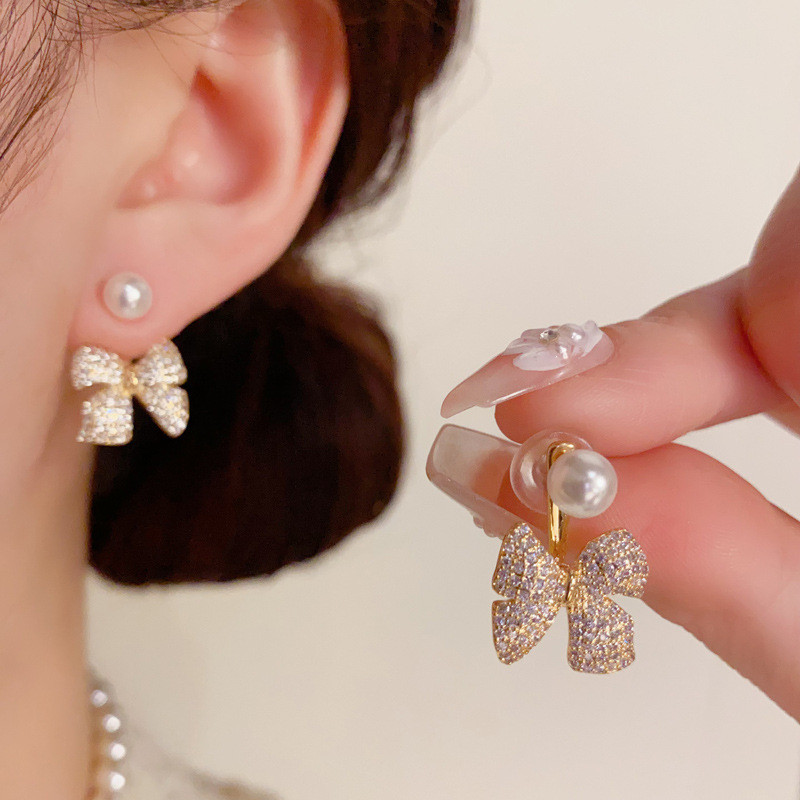 ส925 เงินเข็มประณีตแฟชั่นโบว์ด้านหน้ากลับสวมต่างหูมุกดีงาม
