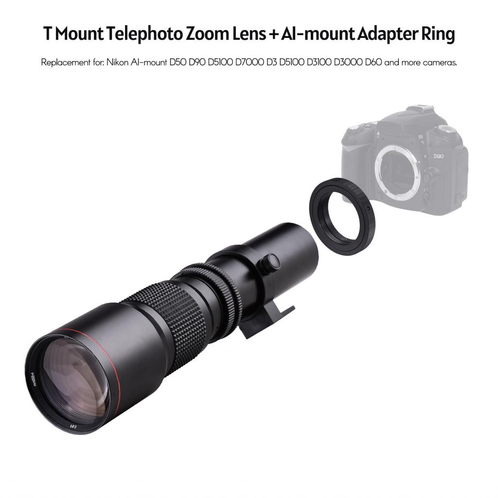 500 มม. f/8.0-32 การเคลือบซุปเปอร์เทเลโฟโต้แบบหลายตัวซูมซูม + T-Mount ไปยัง F-Mount Adapter Ring Kit
