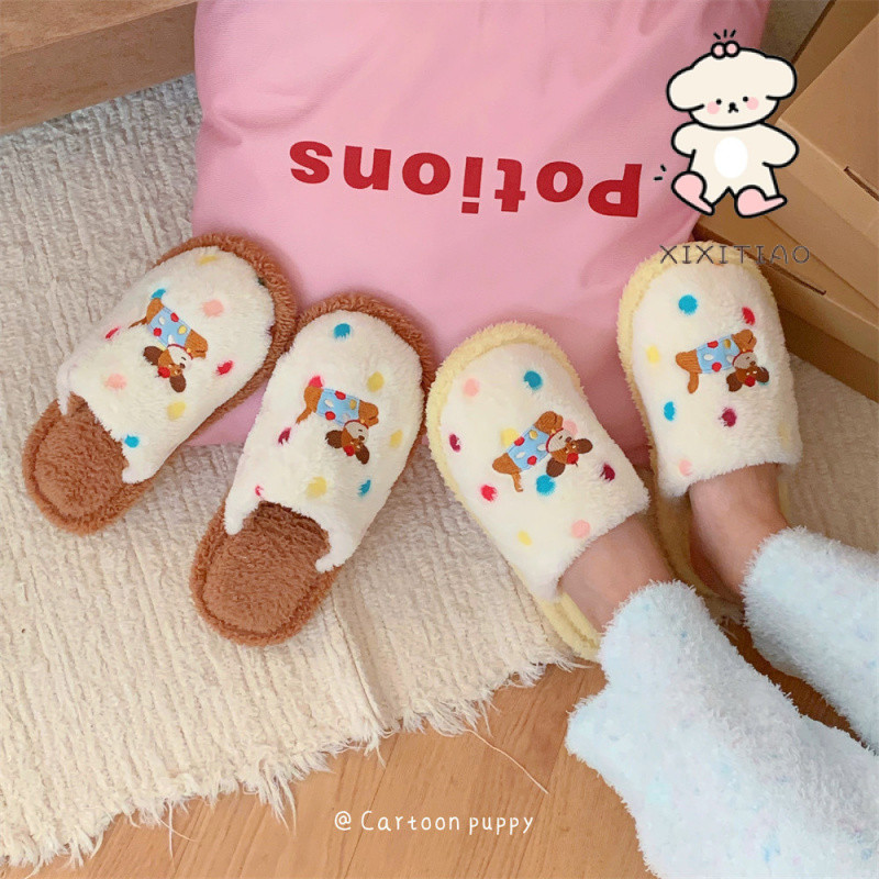 ฉี่เตียว รองเท้าแตะผ้าฝ้ายการ์ตูนสนุกหญิงสี จุด สุนัขสบายๆห้องนอนในครัวเรือนแฟชั่น