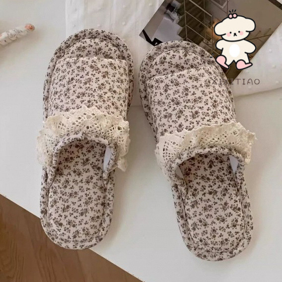 Xitiao Casual ในร่มลูกไม้ Trim สุภาพสตรีผ้าฝ้ายผ้าลินินรองเท้าแตะบ้าน Four Seasons Retro ดอกไม้
