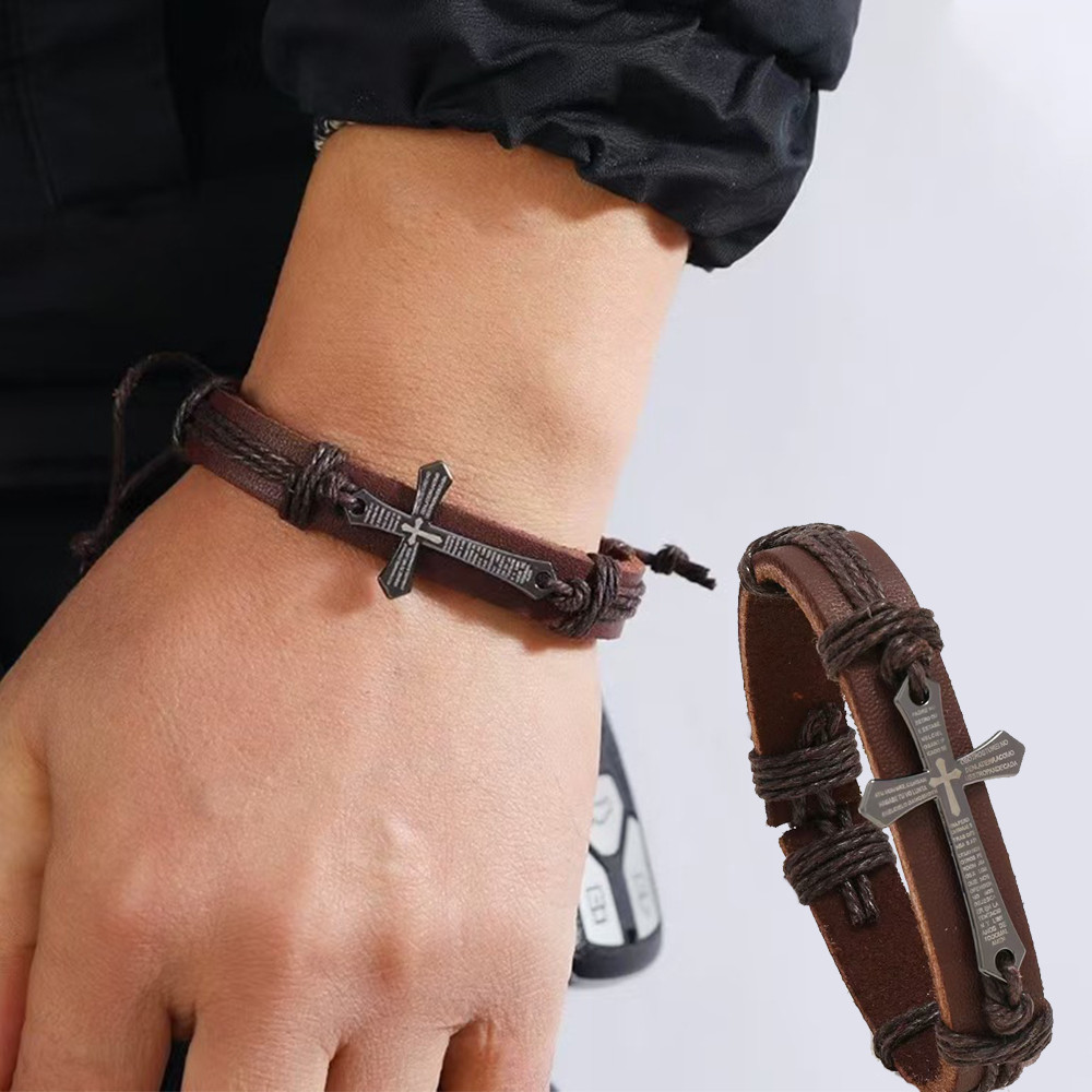 วินเทจหนัง ปู่ กําไลข้อมือพังก์โลหะข้ามทอปรับสร้อยข้อมือสายรัดข้อมือของขวัญคริสเตียนเครื่องประดับ