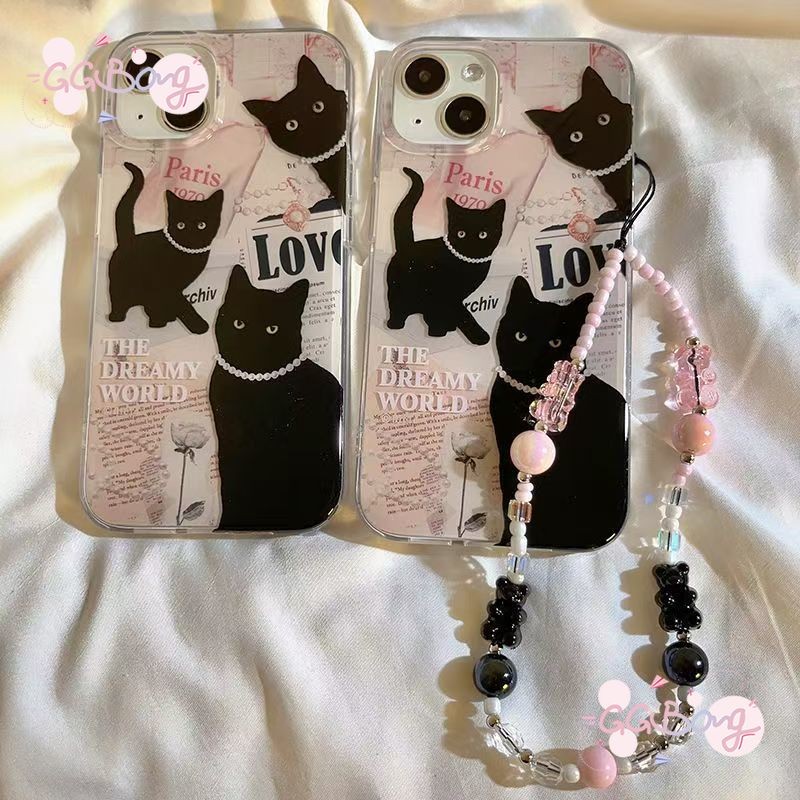สร้อยข้อมือกระต่ายแมวดำไข่มุกคลาสสิกปกอ่อน TPU เคสไอโฟน 13 15 16 11 12 14 Pro Max XR 16 14 15 7 8 6s Plus XS Max X SE