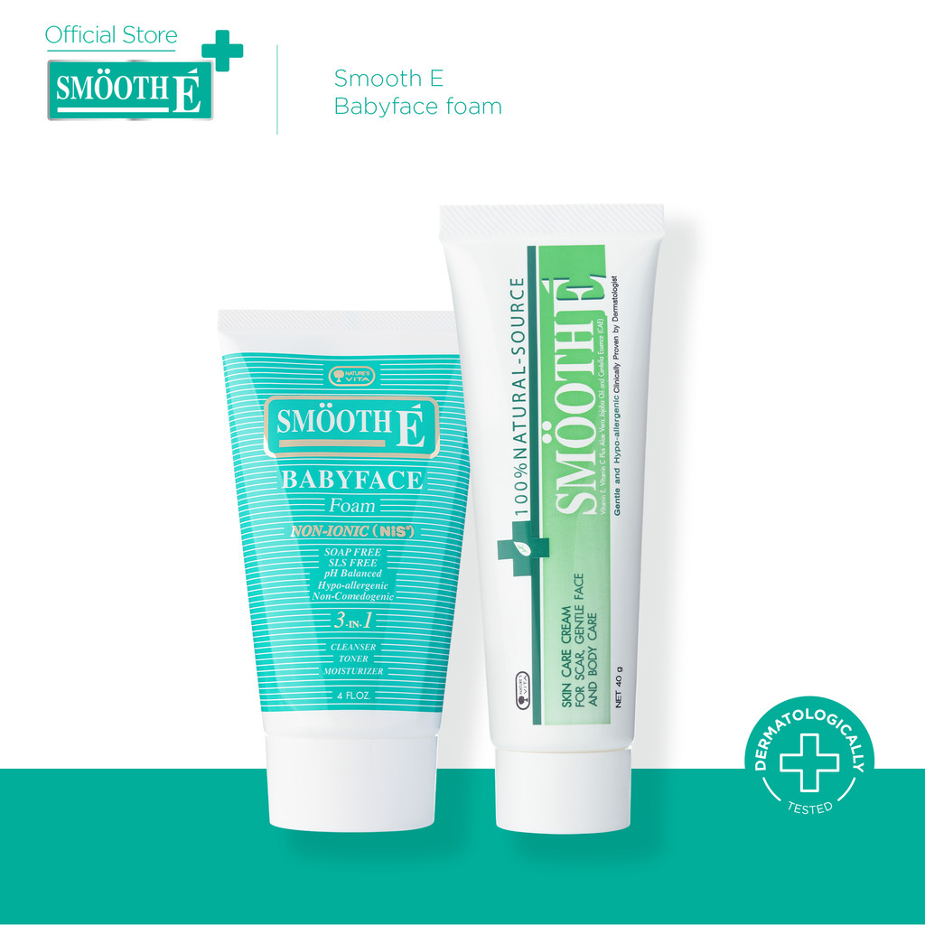 [แพ็คคู่สุดคุ้ม] Smooth E Babyface foam โฟม pH5 ลดสิวผิวแข็งแรง สำหรับคนผิวมัน เป็นสิว+Smooth E Crea