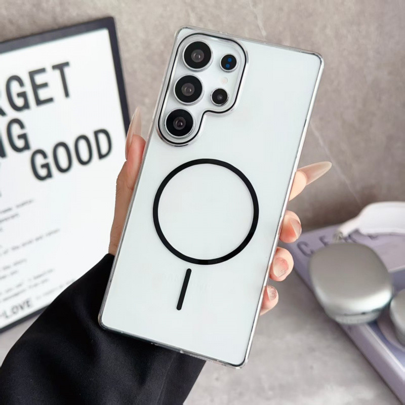 เคสแม่เหล็กใสหรูหราสำหรับ Samsung S25 Ultra Plus S24 S23 S22 Ultra S24FE S23FE ชาร์จไร้สาย ปกป้องกันกระแทก