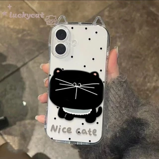 Iphone 16 15 14 13 12 11 Pro Max X Xr Xs Max 7 8 Plus SE2020 เคสโทรศัพท์หูแมวน่ารัก Big Faced Fat Cat + Lanyard Clear Soft ฝาหลัง