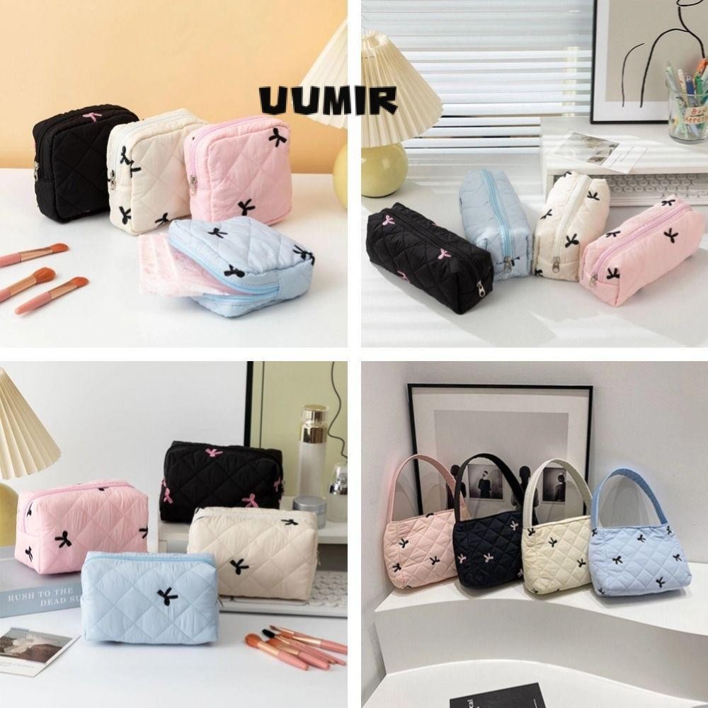 Uumir กระเป๋าจัดระเบียบผ้าอนามัย, Quilted Coquette กระเป๋าแต่งหน้าขนาดเล็ก, พวงกุญแจผ้าฝ้ายโบว์น่ารักหูฟังกระเป๋าใส่เหรียญ