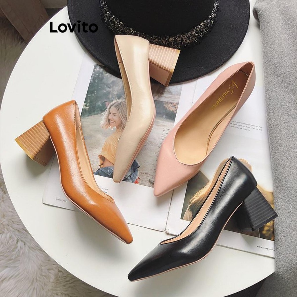 Lovito สง่างามสีพื้นสีอ่อนสไตล์อาชีพลายไม้ Gentle Nude สีอเนกประสงค์ การเดินทางHeel สําหรับผู้หญิง  LFA62106