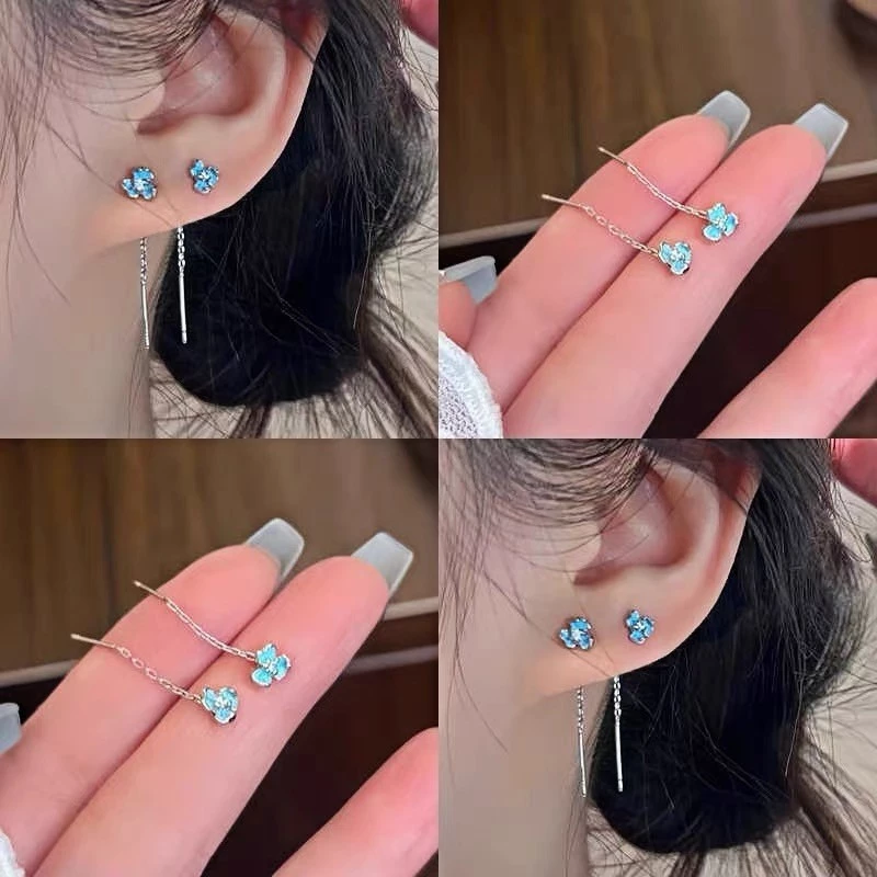 ส925 เงินชุบดอกไม้สีฟ้าห้อยหูลวดต่างหูเครื่องประดับอุปกรณ์เสริม