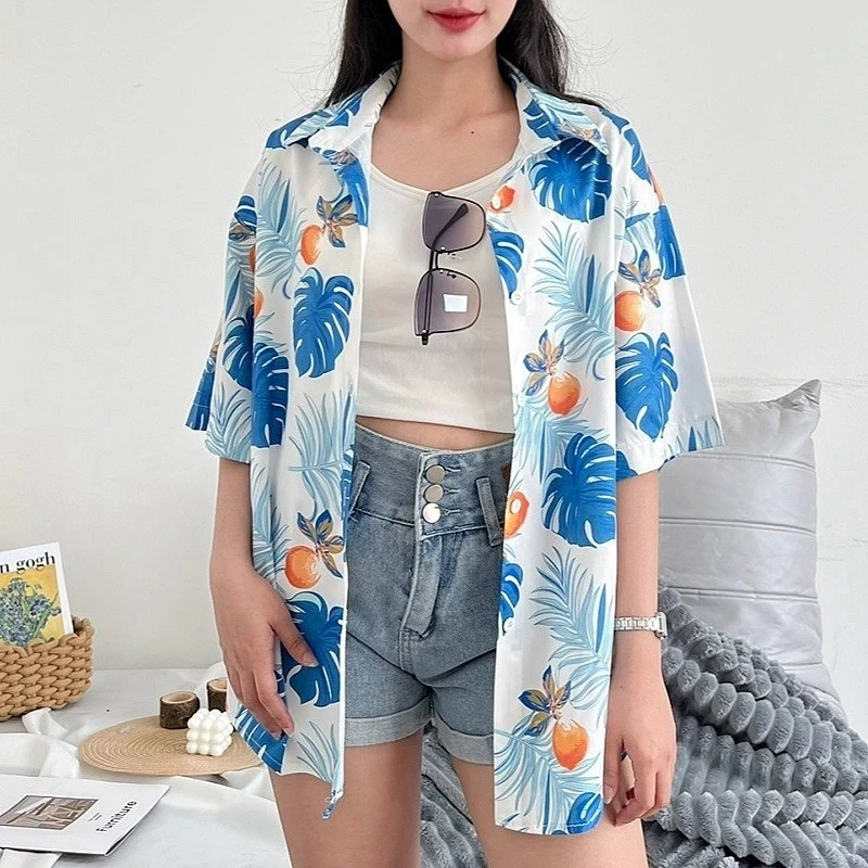 Chic เสื้อฮาวาย เชิ้ตคอปกแขนสั้น ลายดอก สไตล์เกาหลี thumbnail 6