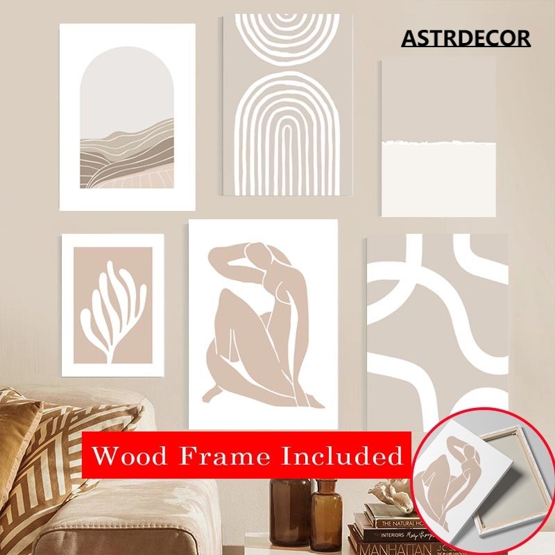 (พร้อมกรอบ) โปสเตอร์ผ้าใบ ลายเรขาคณิต สีเบจ สําหรับตกแต่งผนัง ห้องนั่งเล่น