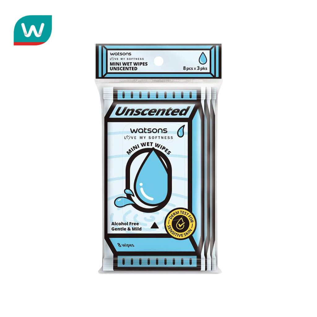 Watsons วัตสัน มินิ เว็ท ไวพ์ อันเซ้นท์เท็ด 8 แผ่น x 3 แพ็ค.