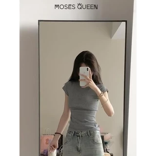 < MOSESQUEEN > เสื้อยืดไหล่ยืดหยุ่นสําหรับผู้หญิงในช่วงฤดูร้อนสลิมฟิตเอวหยิกแขนสั้นรอบคอด้านบนเสื้อผ้าสาวเลดี้ #62126