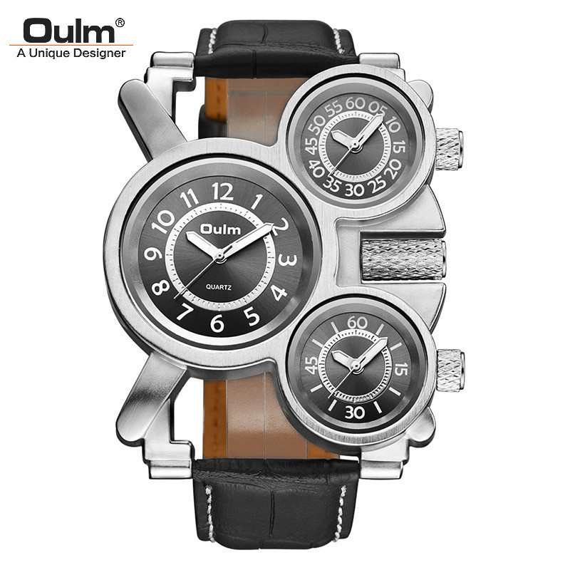 Oulm Oulm Unique Multi-Time Zone กีฬากลางแจ้งควอตซ์นาฬิกาผู้ชายขายร้อนนาฬิกาหนังแท้
