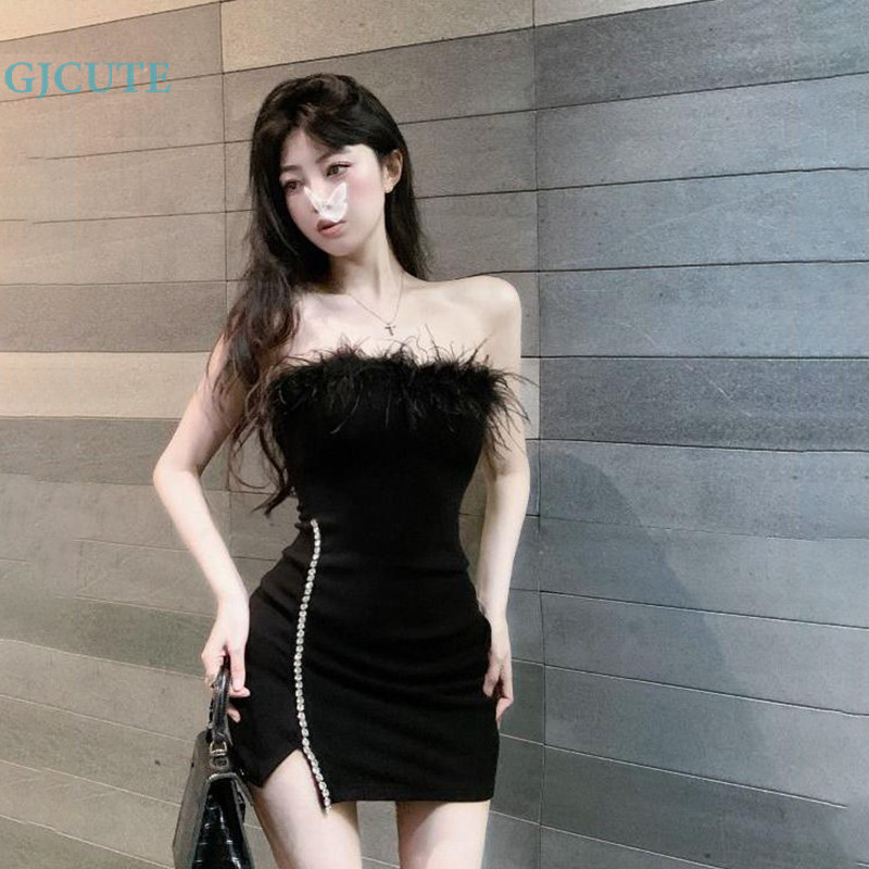 Gjcute ชุดมินิเดรส เกาอก แต่งขนมุ้งมิ้ง ทรงรัดรูป เรียบหรูเวอร์