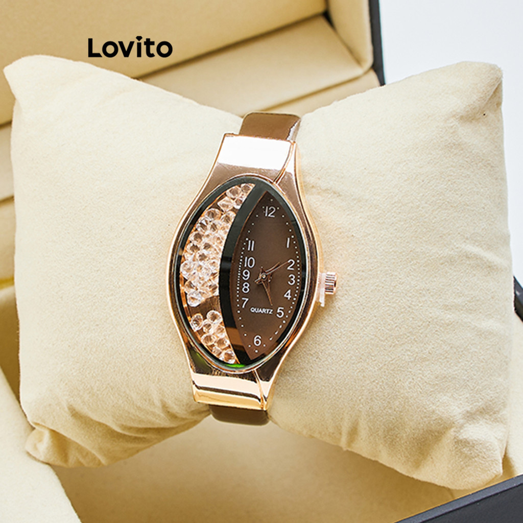 Lovito นาฬิกาควอทซ์ผู้หญิง แบบพกพา ทรงอสมมาตร พิมพ์ลายหนังงู แต่งพลอยเทียม แฟชั่นสไตล์ลำลอง LFA78161