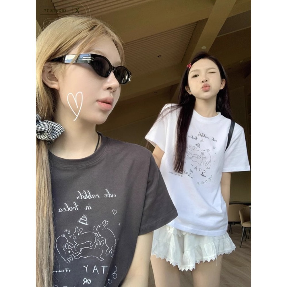 （พร้อมส่งจากกทม มาถึงใน 2วัน）เสื้อยืดพิมพ์ลายการ์ตูนแขนสั้นวัสดุผ้าฝ้ายแท้เสื้อยืดผู้หญิงสำหรับหน้าร้อน☀