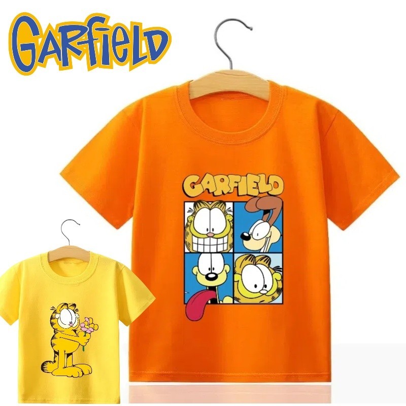 เสื้อยืดแขนสั้น ผ้าฝ้าย ระบายอากาศได้ดี พิมพ์ลายการ์ตูนการ์ฟิลด์น่ารัก สวมใส่สบาย สําหรับเด็ก