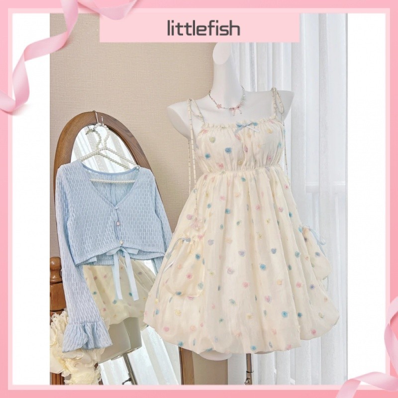 [Littlefish] ชุดเดรสเกาหลีใหม่สำหรับฤดูร้อนปี2024ชุดเดรสลายจุดสีหวานและน่ารักชุดคาร์ดิแกนผ้าไหมน้ำแข็งกันแดดสองชิ้นสูทไซส์ใหญ่