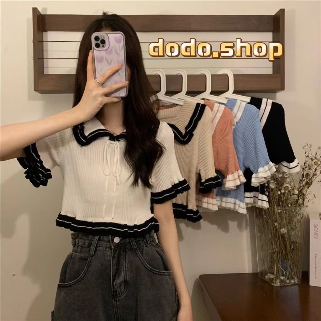 DoDo⭐️สินค้าพร้อมส่ง⭐️เสื้อไหมพรมผ้าร่องแขนระบาย สีสวย น่ารัก แต่งขอบหยักดีเทลเชือกผูกเก๋ๆ(6a46-1)