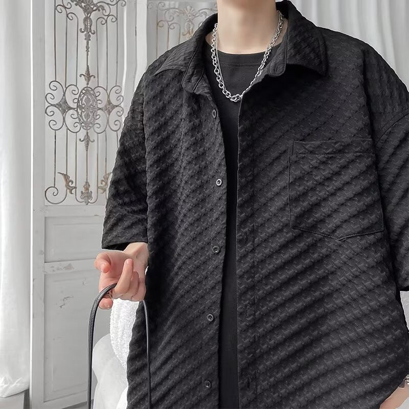 วาฟเฟิลเสื้อผู้ชายครึ่งแขน Puffian หล่อลําลองด้านบนฤดูร้อนหลวม ins เสื้ออินเทรนด์แจ๊กเก็ต