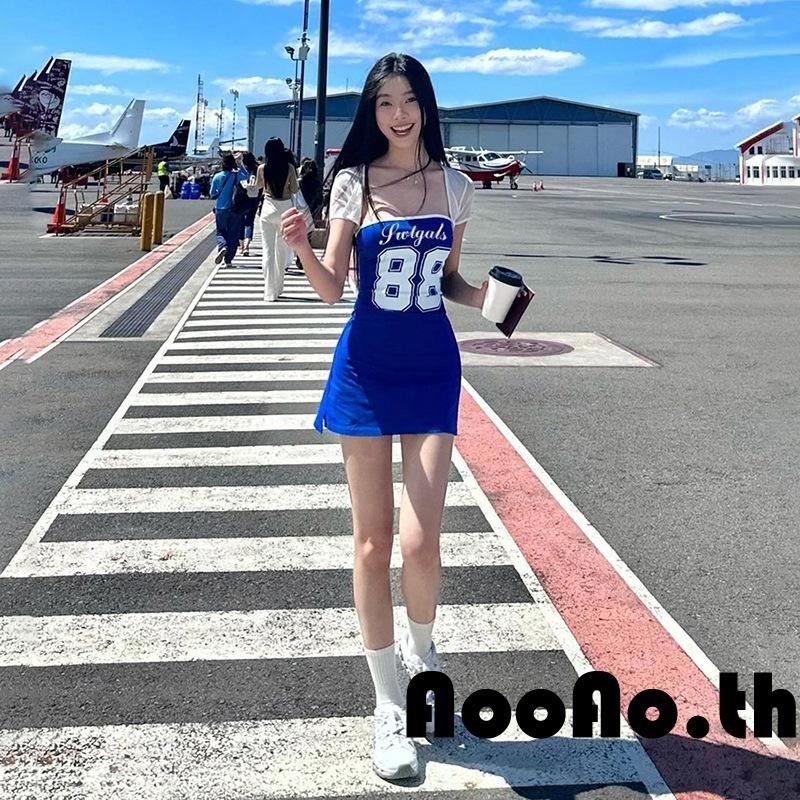 Aooao- ชุดมินิเดรส เกาะอก โชว์หลัง พิมพ์ลายตัวอักษร ตัวเลข สําหรับผู้หญิง