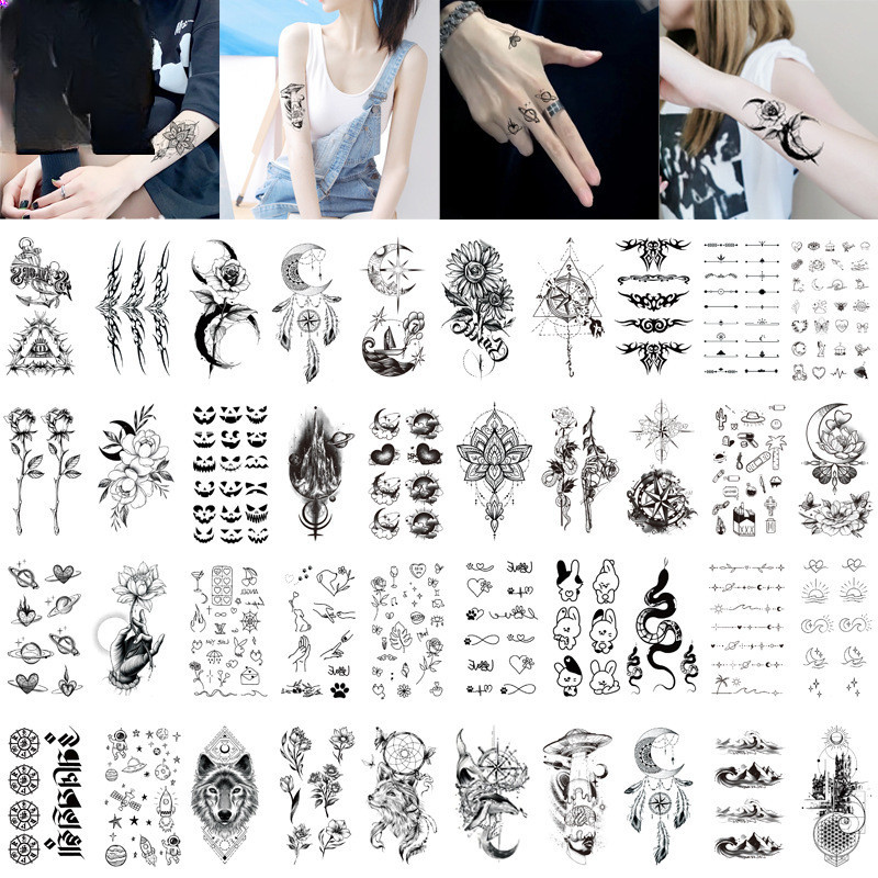 รอยสักปลอม ลายดอกกุหลาบ หมาป่า ขนาดเล็ก สีดํา สําหรับผู้หญิง และผู้ชาย 2024 ปี 10 ชิ้น