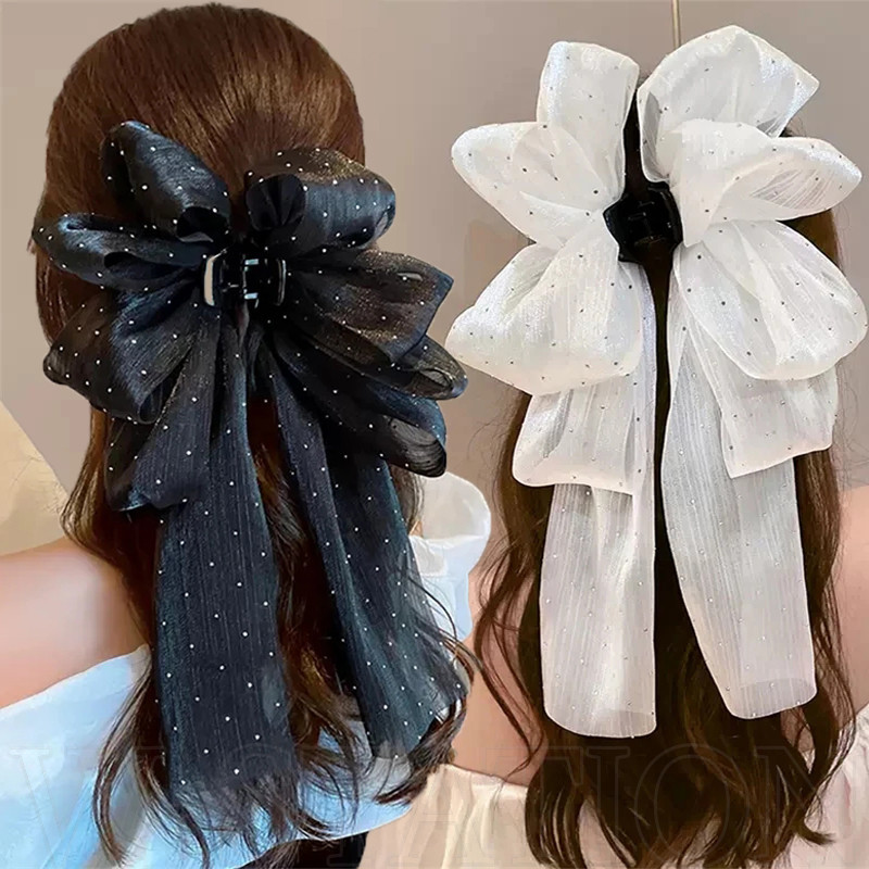 กิ ๊ บติดผมโบว ์ - Streamer Grab Clip - Fashion, Sweet, Elegent, Cute - Ribbon Temperament Headwear - Retro Printing Headdress - Back Head Half-Tie Hair Clamp - เครื ่ องประดับผมเด ็ กผู ้ หญิง