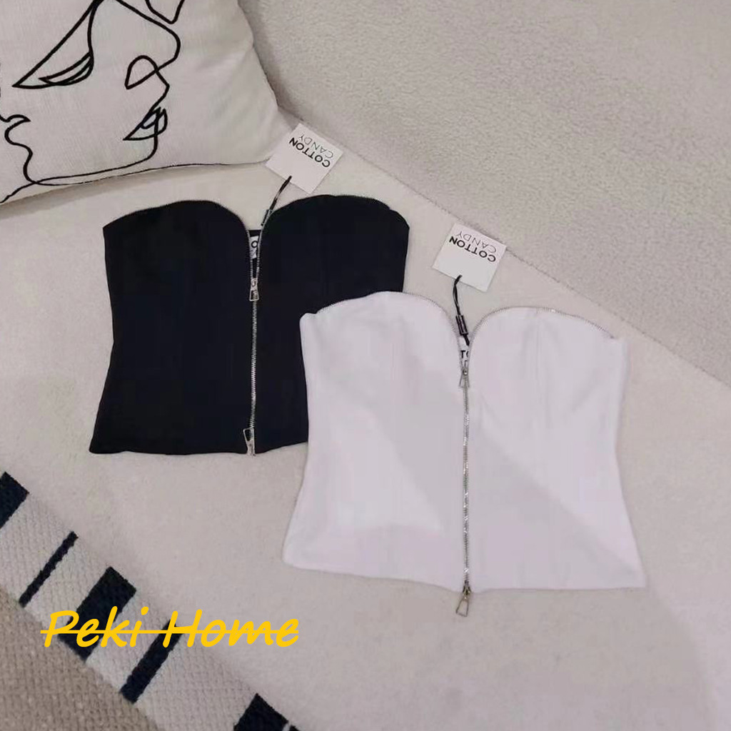 เสื้อแฟชั่นสไตล์ยุโรป สีดำ สีขาว พร้อมซิปหน้า