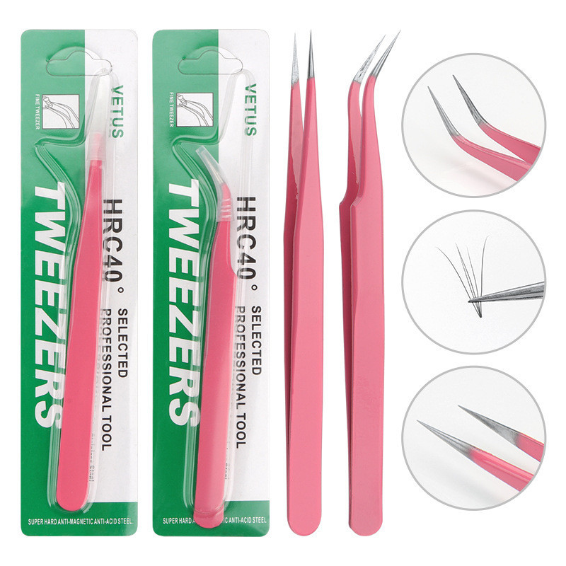 2pcs สแตนเลสตรงโค ้ งทนกรดแหนบแหนบสีชมพูสําหรับขนตาขยายความงามเครื ่ องมือแต ่ งหน ้ ามืออาชีพความแม ่ นยําสูงคุณภาพแหนบ
