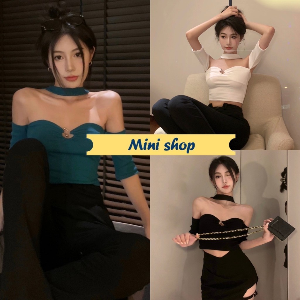 Mini shop พร้อมส่ง (71071) เสื้อไหมพรมเปิดไหล่ แขนสั้น ใส่สบ่ย เรียบหรู