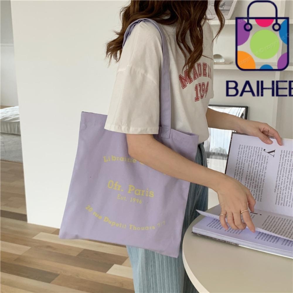 Baihee Letters Print Bag, Canvas Square Shape Canvas Shoulder Bag, Simplicity Printing Shopper Bags