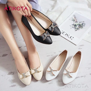 Atikota ผู ้ หญิงชี ้ รองเท ้ าส ้ นเตี ้ ยสุภาพสตรี Rhinestone Pu หนังแบนรองเท ้ าทํางานหญิง