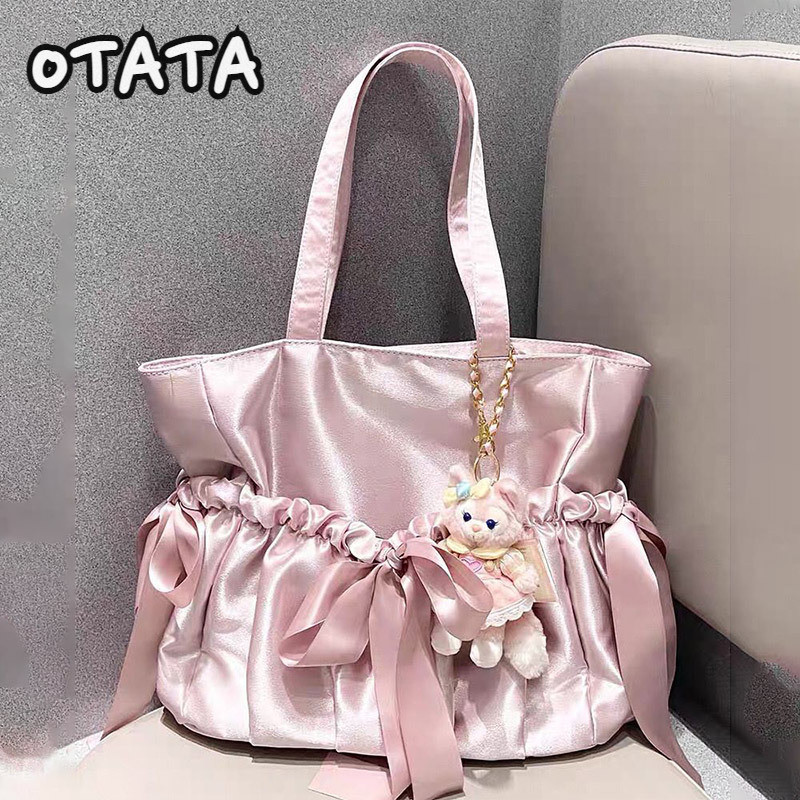 Otata Sweet Bow Shoulder Bag Ballet Girly Style Satin Pleated Tote Bag ความจุขนาดใหญ ่