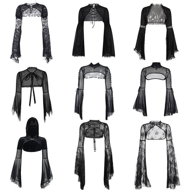 Dark Gothic Windbreaker ลูกไม ้ ผ ้ ากอซโปร ่ งใสแขนยาวเสื ้ อแจ ็ คเก ็ ตหญิงฮาโลวีน
