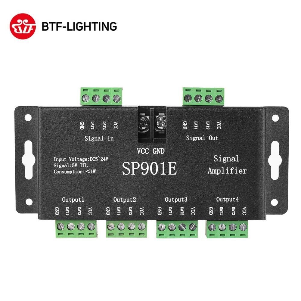 BTF-LIGHTING SP901E SPI เครื่องขยายสัญญาณสําหรับ WS2812B WS2811 WS2813 พิกเซล RGB LED Strip สัญญาณ Repeater แอดเดรส Dream สีเทป DC5-24V