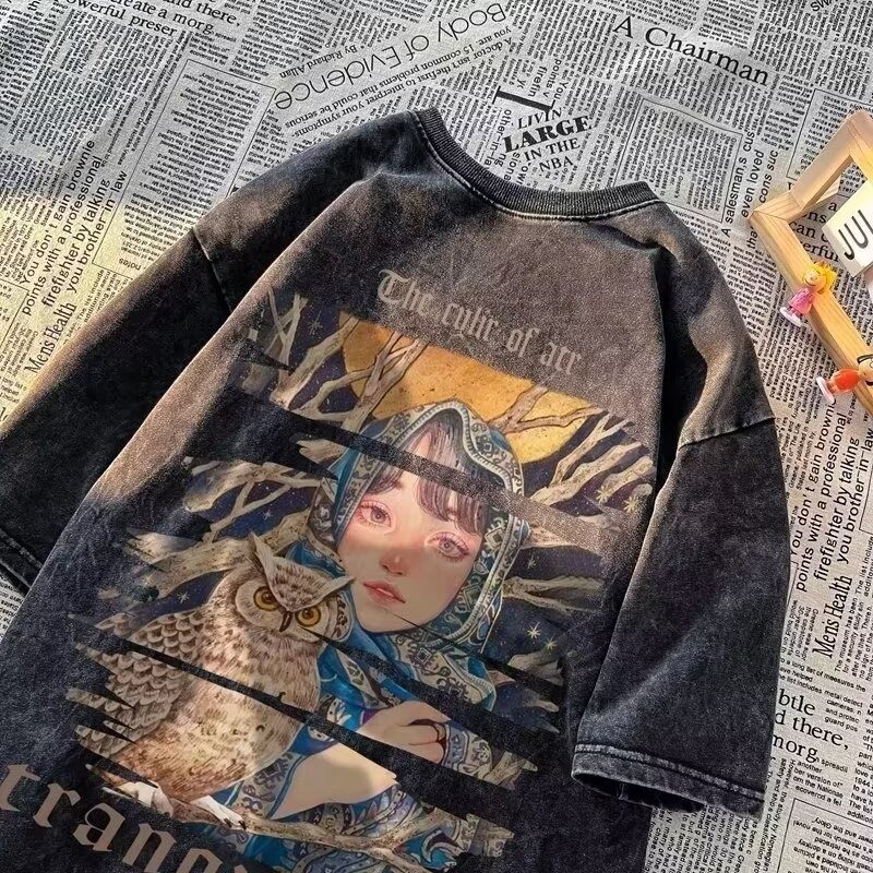 เสื้อยืดฟอก oversize ด้านบนคอกลมผ้าฝ้ายแฟชั่นสีดำ