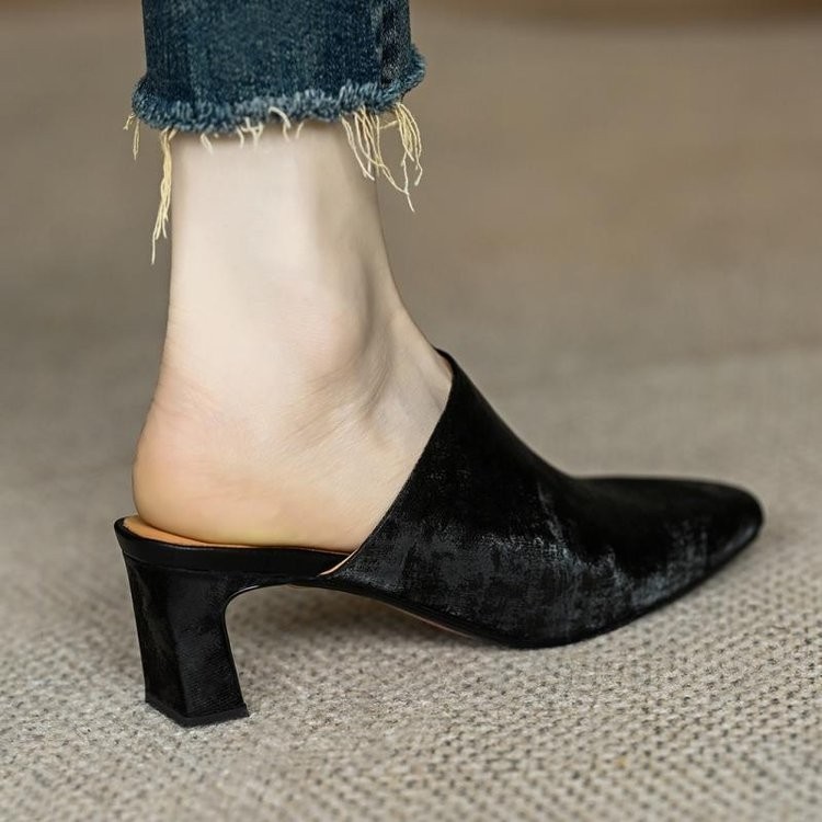 รองเท ้ าส ้ นสูงผู ้ หญิงสแควร ์ Toe ส ้ นหนาซาตินแฟชั ่ นรองเท ้ าแตะขี ้ เกียจขนาด 34-39