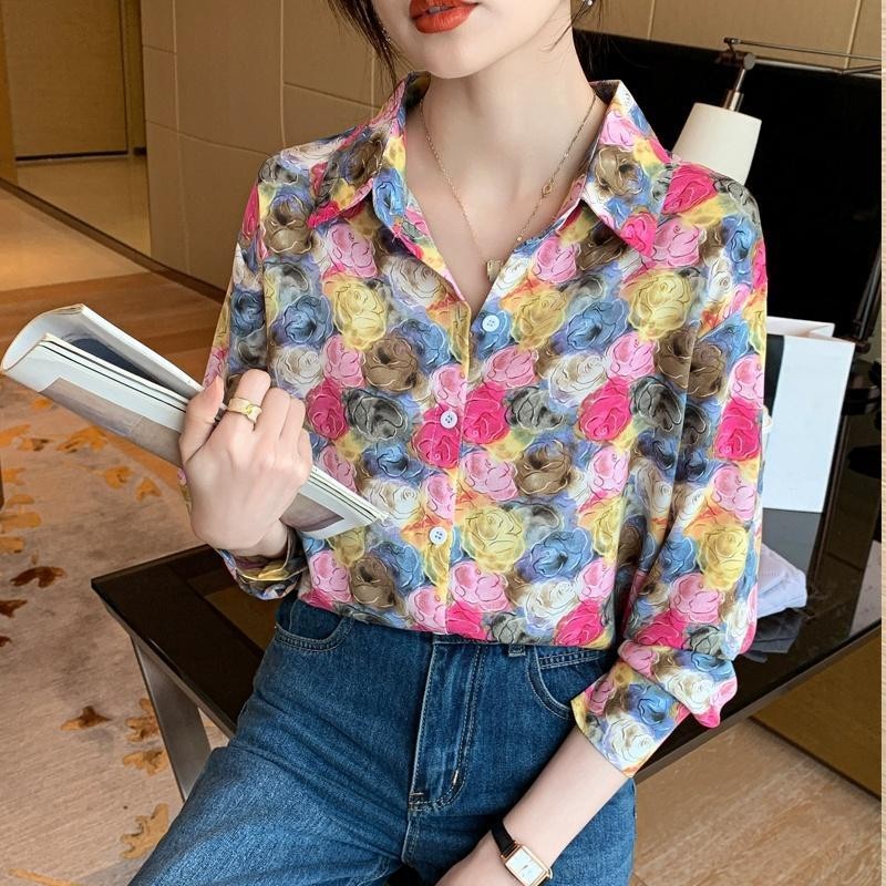 MIMI&DIDI#เสื้อคอปกแขนยาวลายดอก สไตล์เรโทร ลายดอกไม้ สำหรับสุภาพสตรี เสื้อชีฟอง ทรงหลวม พลัสไซส์ มีในสต็อก มาใหม่#W387
