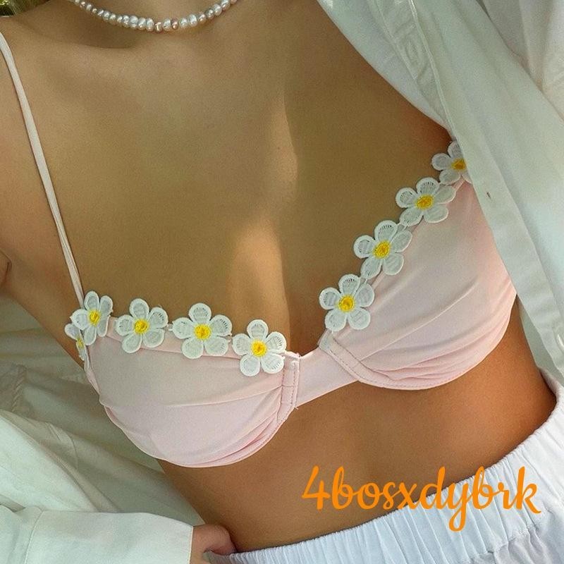ผู้หญิงเซ็กซี่เสื้อบิกินี่สีชมพูดอกไม้รูปแบบApplique Sweetheart Necklineชุดชั้นใน