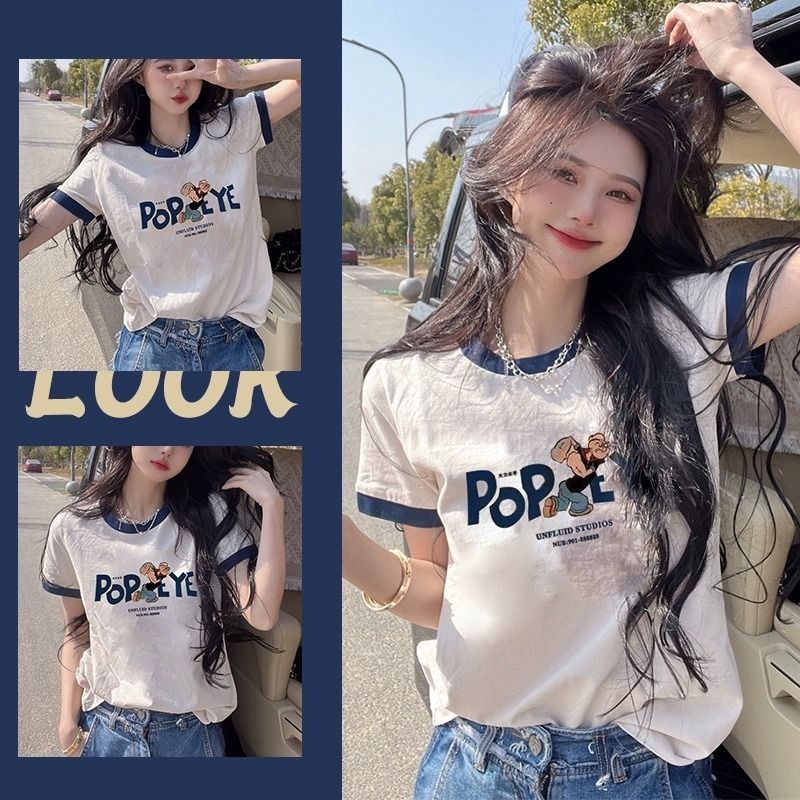 แขนสั้นฤดูร้อนอเมริกันสุภาพสตรีอินเทรนด์สีขาวย้อนยุคไหล่หลวมอินเสื้อยืดของแท้ผ้าฝ้ายแท้บางด้านบนเสื้อยืดสไตล์ใหม่ PBVC