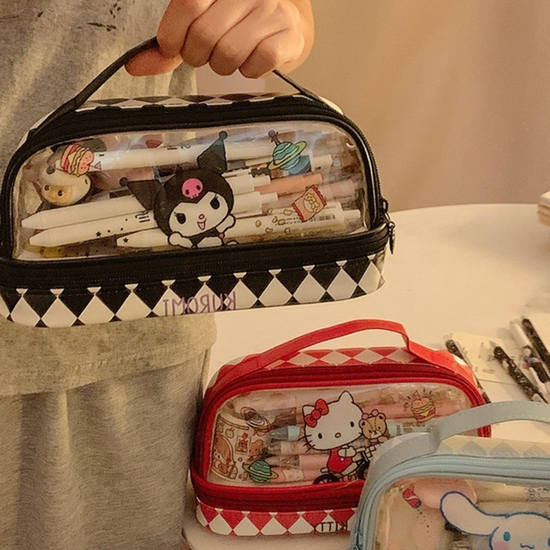 Sanrio Hello Kitty Cinnamoroll กล่องดินสอความจุขนาดใหญ่โปร่งใส Kuromi My Melody กระเป๋าเก็บเครื่องเขียนกระเป๋าเครื่องสําอาง