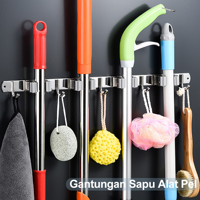 GANTUNGAN 5 Hook Broom SUS 304 Wall Mop Broom Holder and Mop Hanger Multifunction Holder / 6 Slot Mo