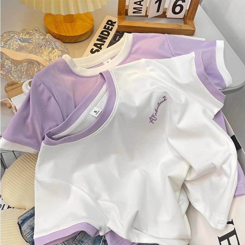 Solovely ผู้หญิง สไตล์เกาหลี ผ้าฝ้าย เสื้อตัวบน งานปัก เสื้อครอป แขนสั้น คอกลม เสื้อยืด
