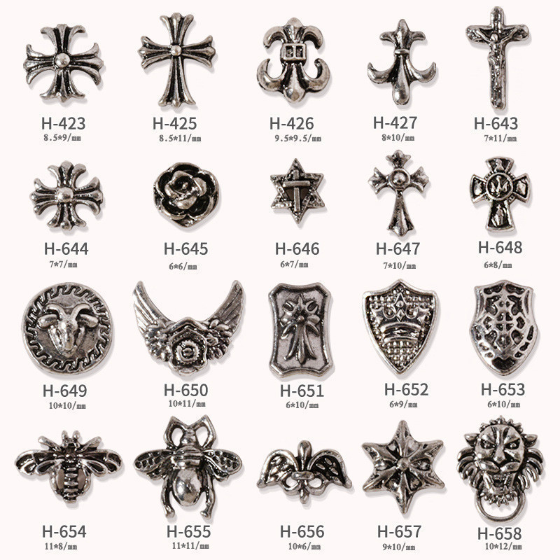 10ชิ้น ใหม่ทําเล็บมือเครื่องประดับโลหะผสมย้อนยุค, สไตล์พังก์ข้าม, ดอกไม้ทหารหกเหลี่ยมเล็บโลหะเพชรอุปกรณ์เสริม